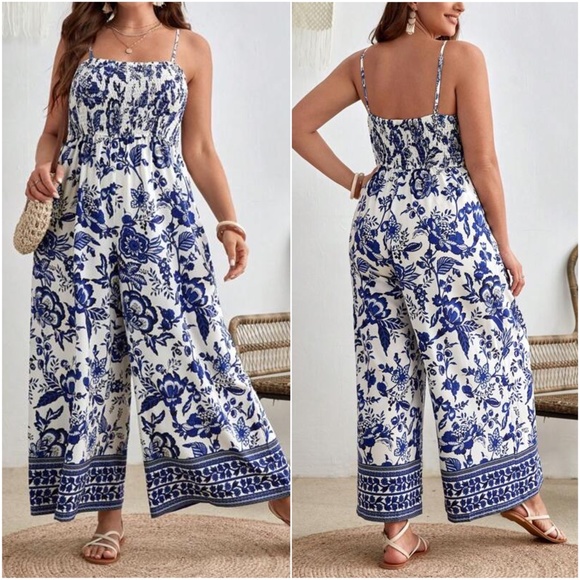 Plus Floral Print Smocked Wide leg Cami Jumpsuit - Picture 2 of 3